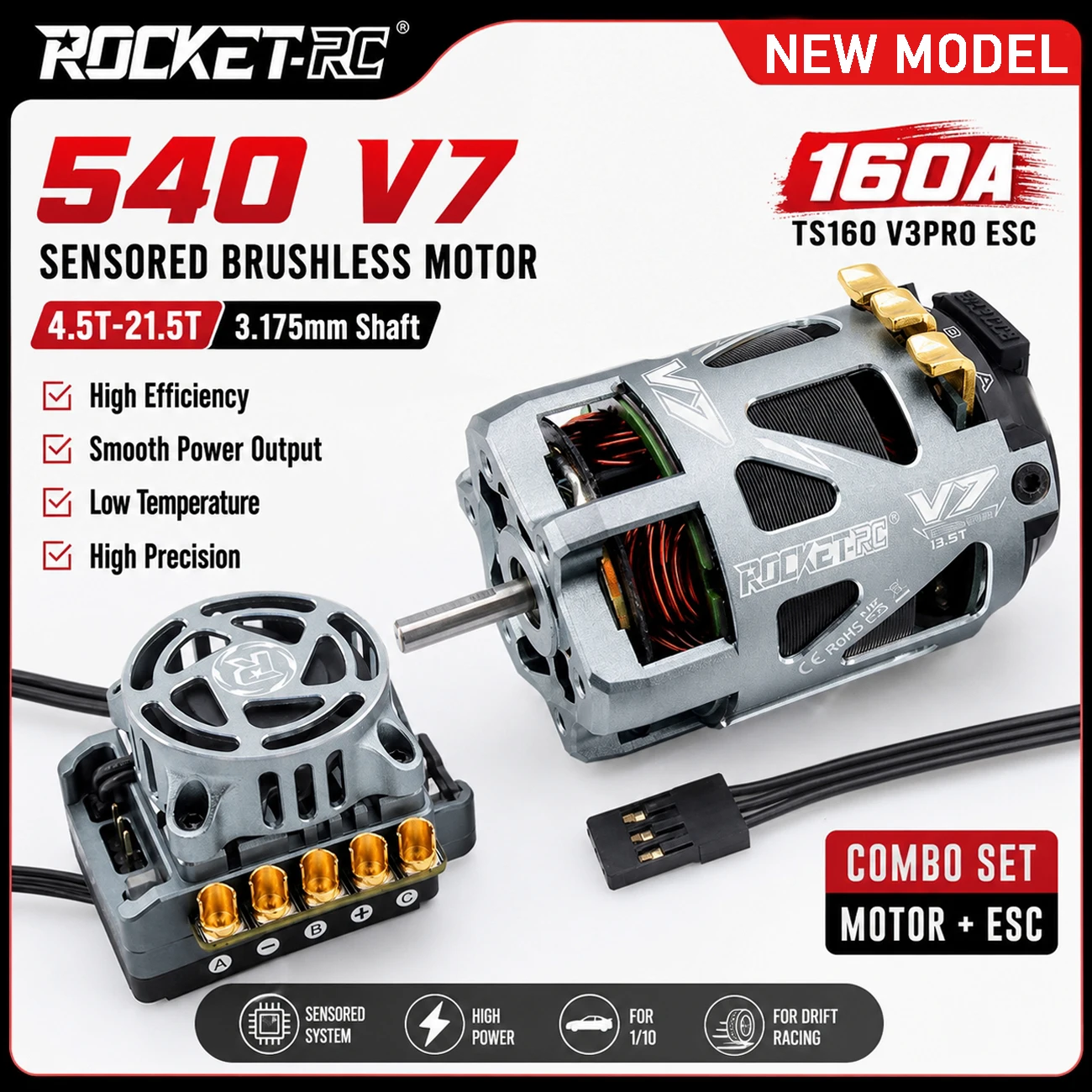 ROCKET-RC 540 V7 4.5T 10.5T Sensored Brushless Motor & TS160 V3PRO 160A ESC Combo 3.175mm Shaft for 1/10 RC Drift Racing Cars