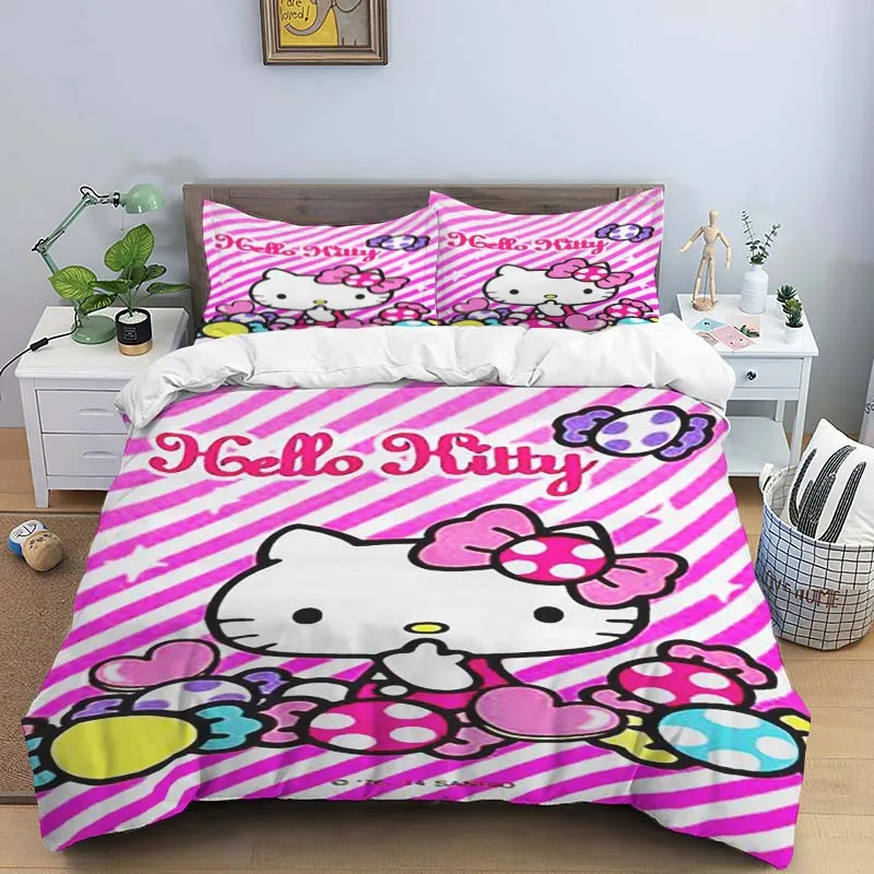 Imagem -02 - Sanrio-conjunto de Cama Hello Kitty 3d Cartoon para Meninas Anime Japonês Bonito Edredão Macio e Confortável Manga de Travesseiro Pode Ser Personalizado