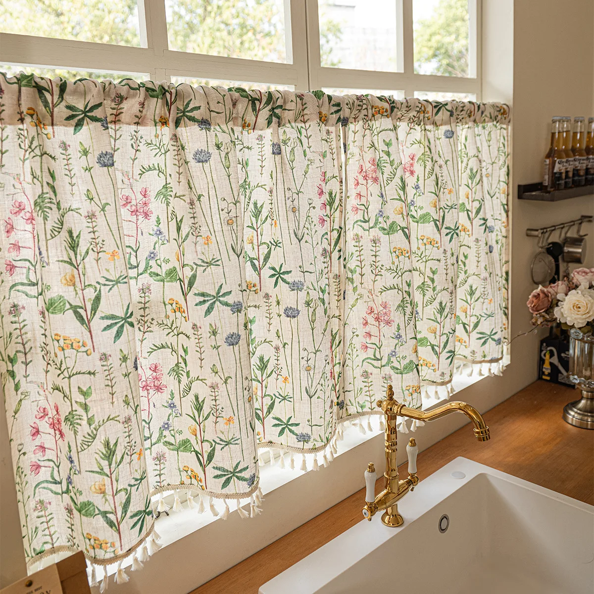 1PC Farmhouse Semi Sheer Living Room Drapes Pink Flower Green leaf Window Curtain Panels with Tassel Beige Rod Pocket Drapes