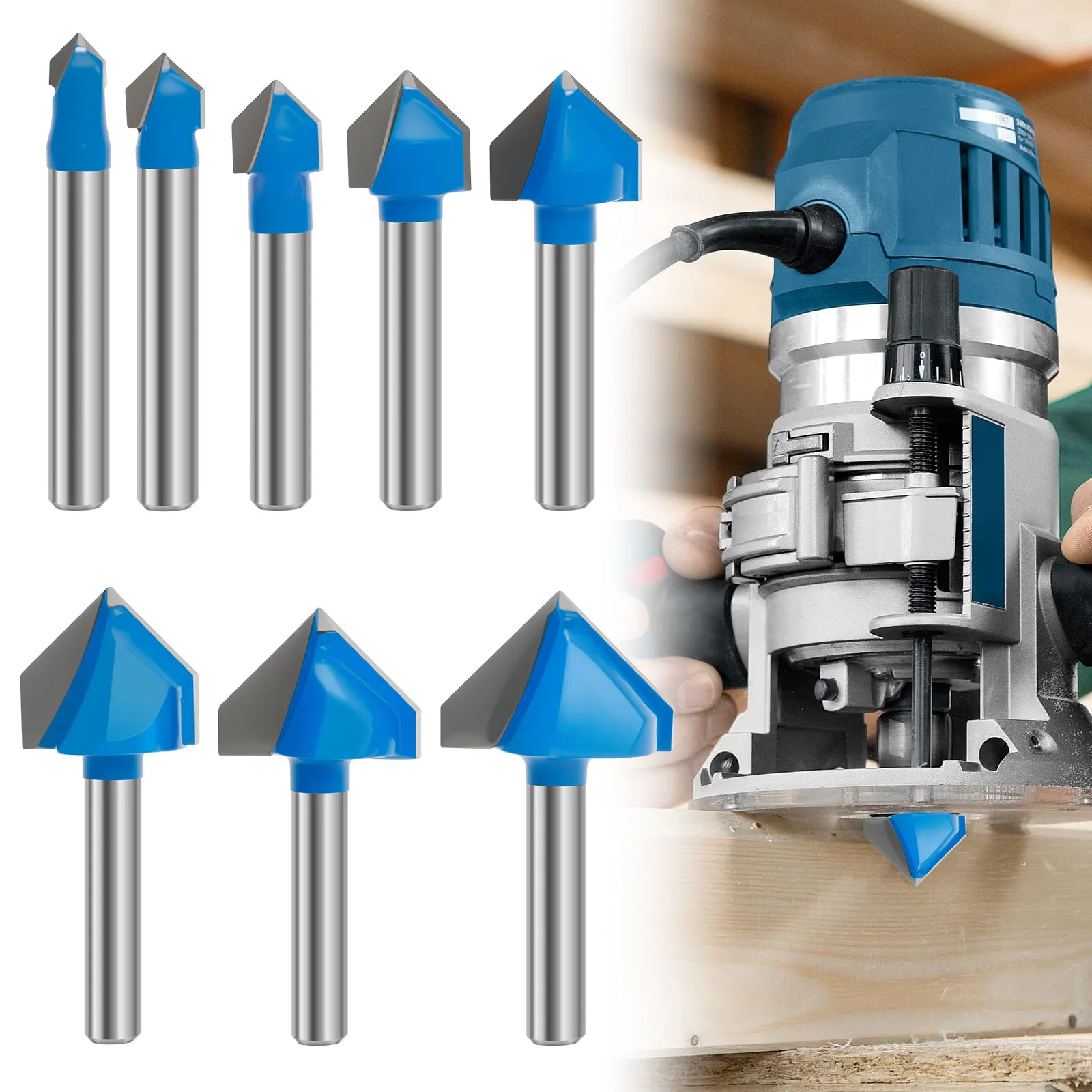 

8PCS 90 Degrees V-Type Woodworking Milling Cutter Slotting Cutter Carving Grooving Tools Router Bit 1/4 Inch Shank
