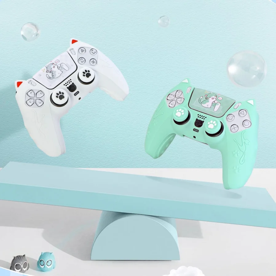 جميل القط سيليكون لينة حامي ملصق الجلد لسوني بلاي ستيشن Dualsense 5 PS5 تحكم حالة الإبهام عصا قبضة غطاء تغليف