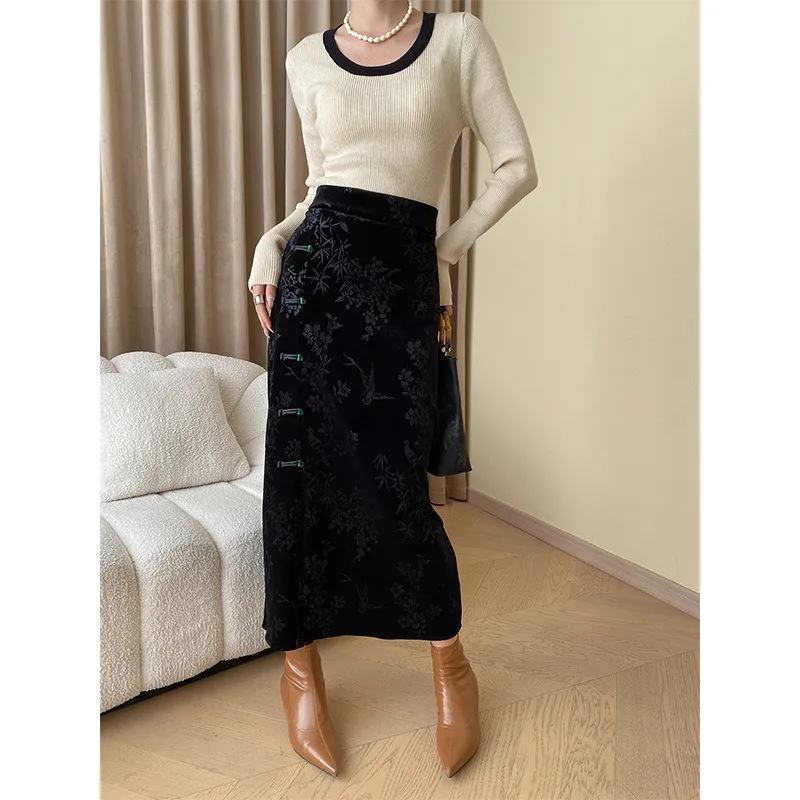 New Button Bamboo Jacquard Thickened Side Split Velvet Women's Skirt