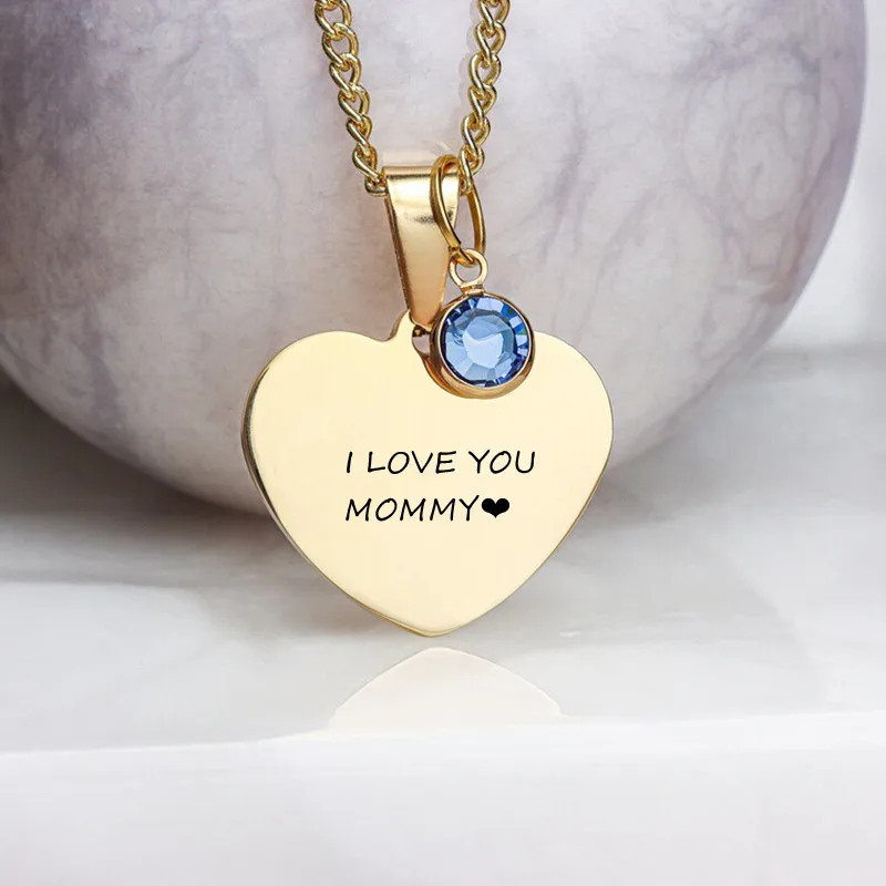 Engraved Love Heart Necklace with Birth Stone Custom Text Birthday Rhinestone Pendant Stainless Steel Jewellery Gift for Women