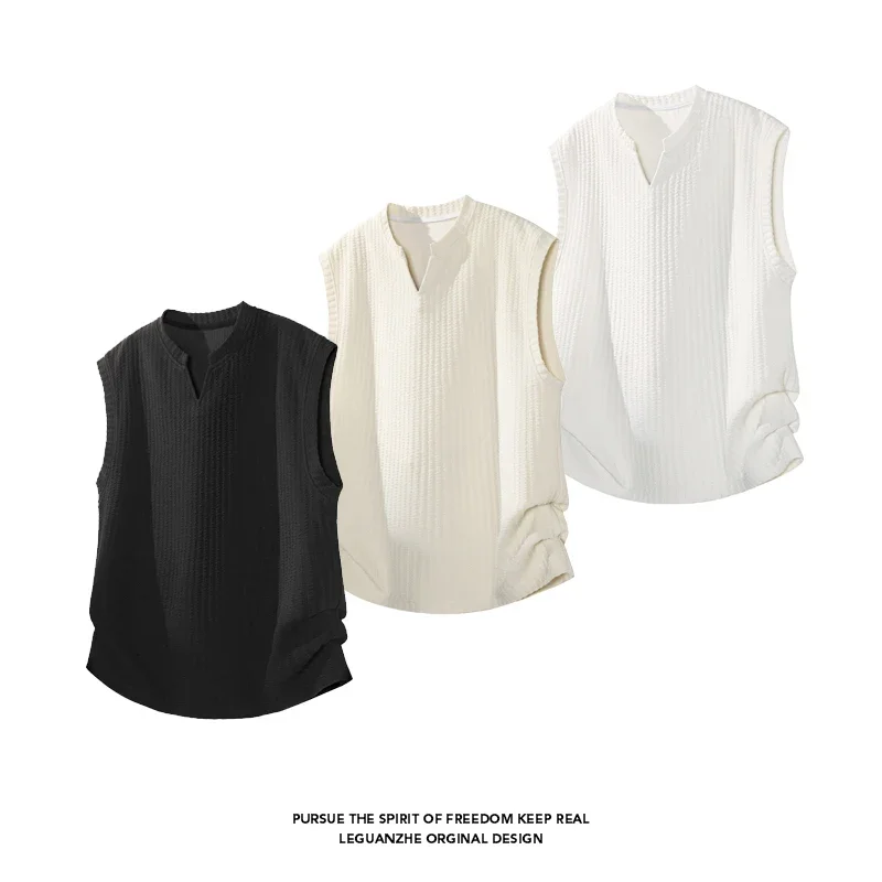 Men V Notch Stand Collar Sleeveless Tank Top Waffle Textured Fabric Loose Fit Breathable Casual Daily Vest Pullover