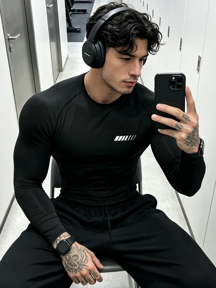 Men Quick Dry Long Sleeve Compression T Shirt Stretch Athletic Gym Workout Running Training Fitness Baselayer Sport Top-J71