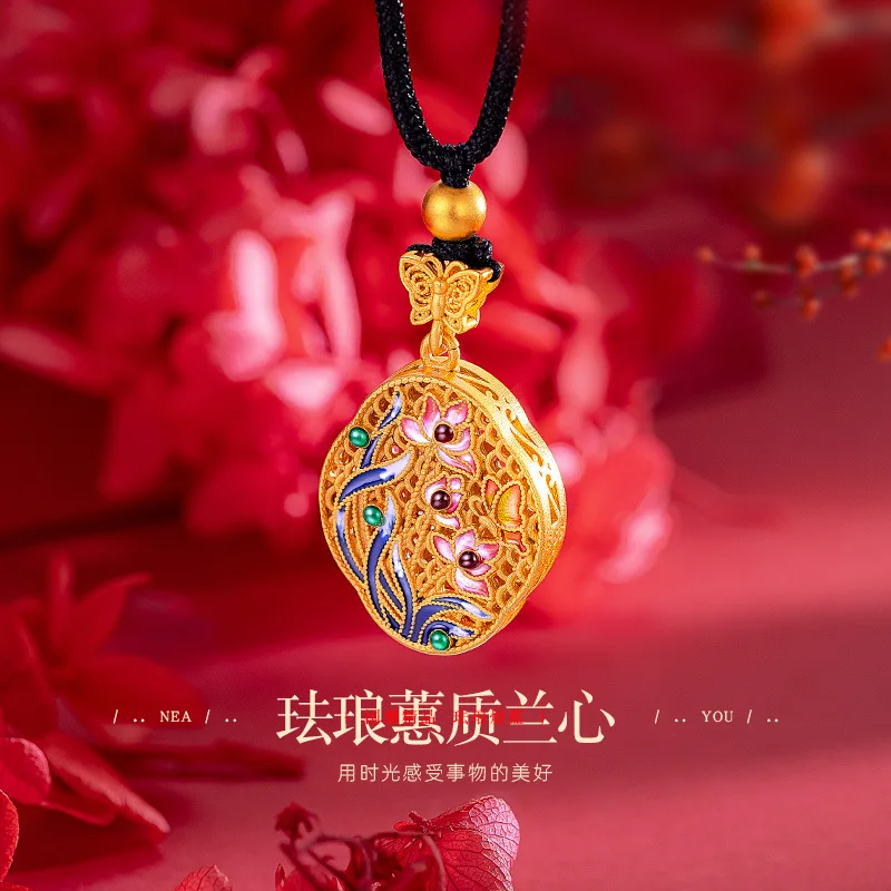 9999 Real Gold 24K Ethnic Style Silk Orchid Butterfly Pendant, Women's Antique Enamel Cymbidium Orchid Heart Pendant