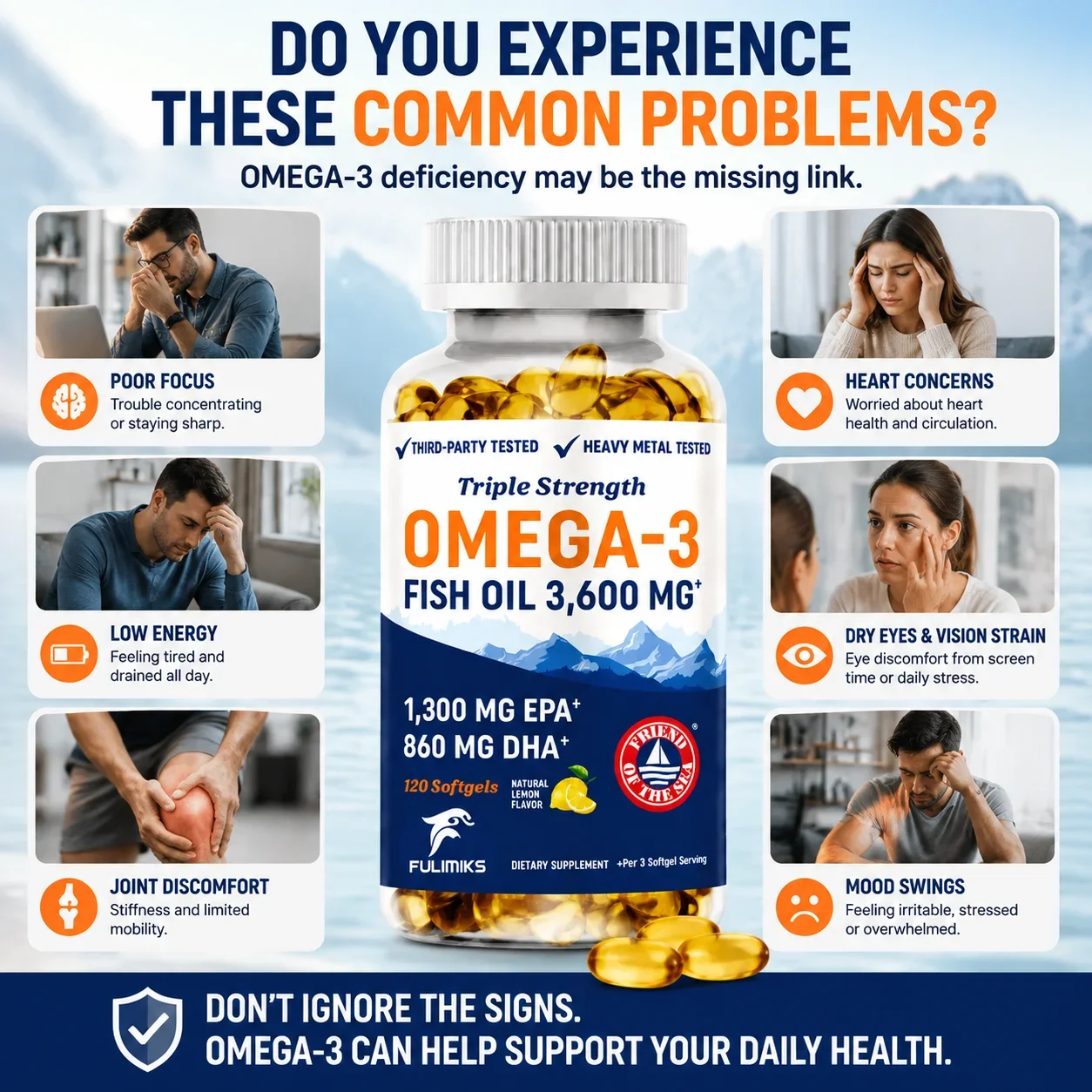 Omega-3 Fish Oil Supplement, with DHA & EPA, for Heart & Cardiovascular, Brain, Eye Health, Immune, Intelligence