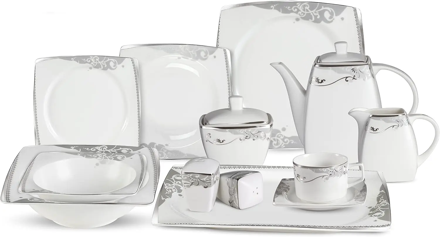 Stylish and Elegant 57 Pieces Bone China Dinnerware Set Service for Hosting Parties and Events for 8 People - Belle, 57 Piece