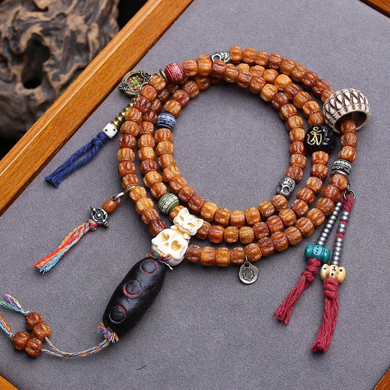 Necklace Bracelet, Yak Bone Carving, Shitoulin 108-Bead Prayer Beads, Deer Antler Root, Three-Piece Set, Gau Box, Access