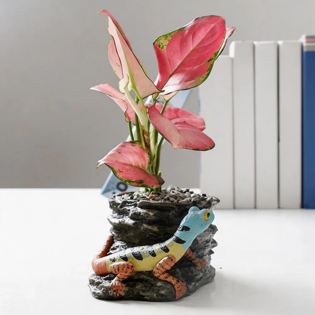 15x11x8cm Resin Lizard Mountain Cliff Flower Pot Miniature Temple Design Large Capacity Succulent Planter for Desk Bookshelf