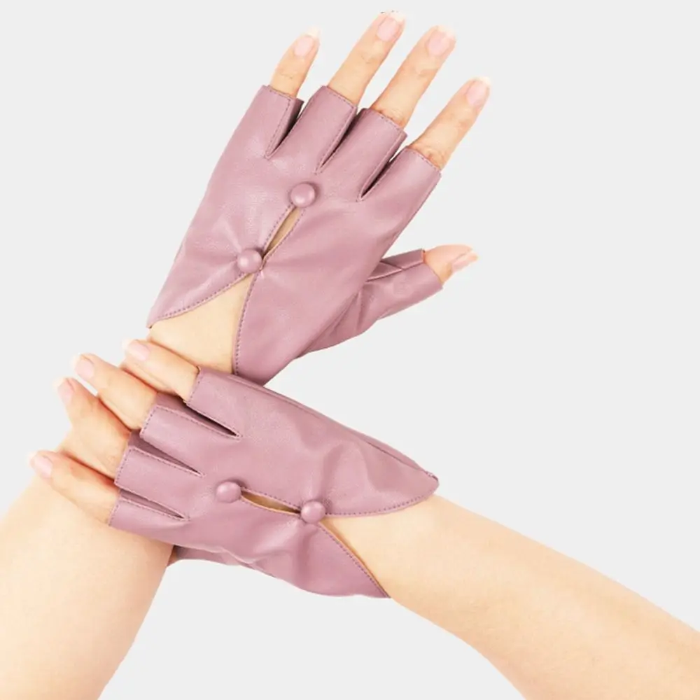 Stylish PU Leather Women Leather Gloves Button Hole Palm Guard Half Finger Gloves Breathable Gothic Leather Gloves Performance
