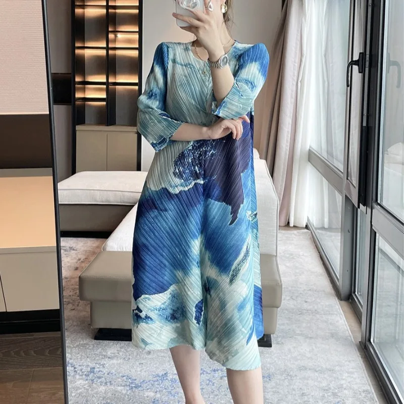 

Miyake, новое элегантное платье с длинными рукавами и принтом, простое свободное тонкое плиссированное длинное платье большого размера, эластичная женская одежда