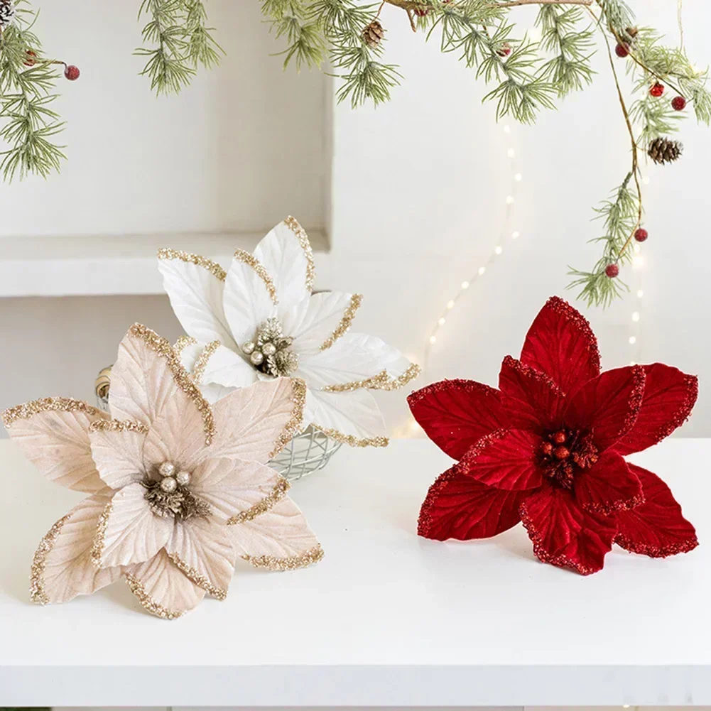 1pcs Glitter Christmas Poinsettia Flower 30cm Realistic Christmas Decoration Festive  Party Supplies