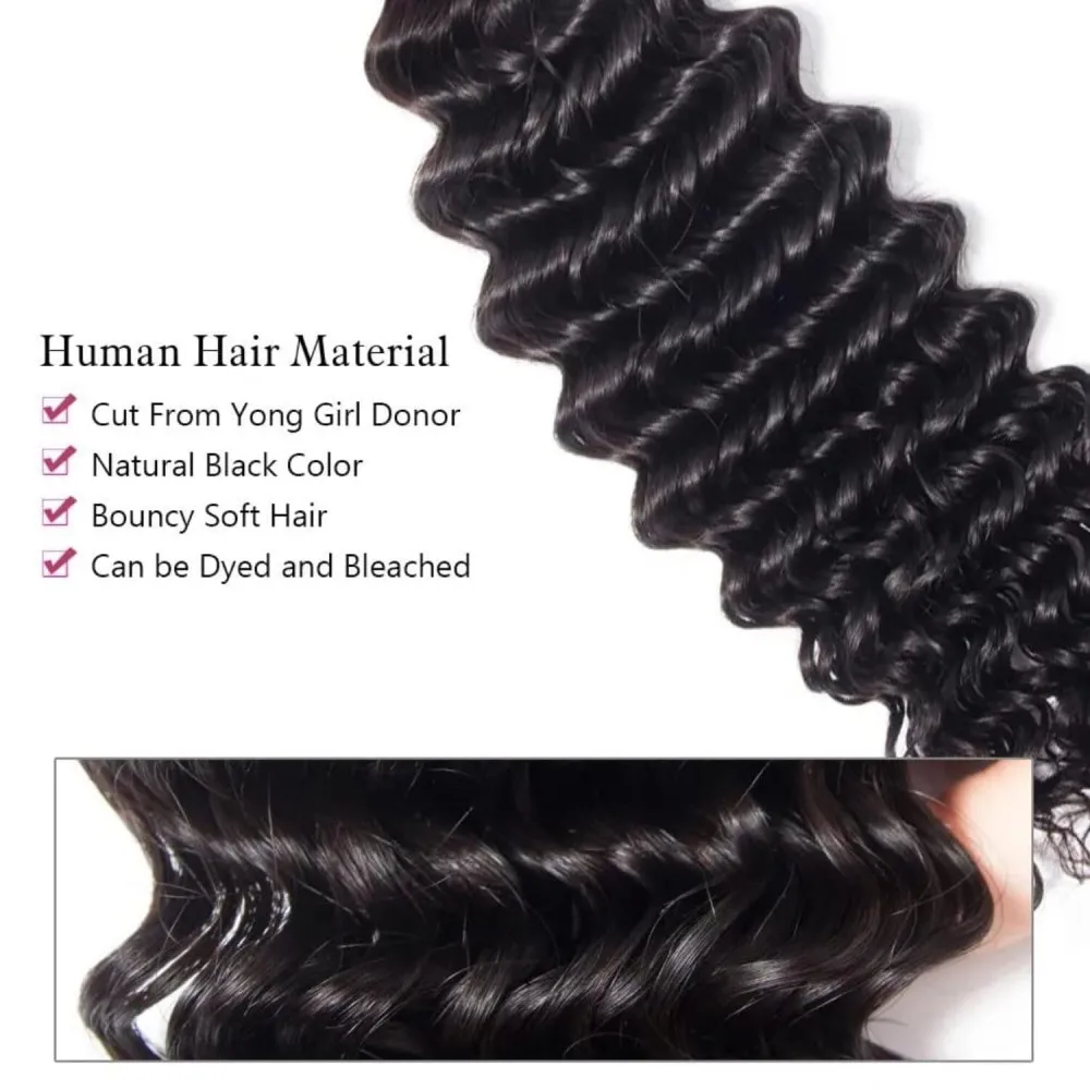 Pacotes de cabelo humano de onda profunda, tecelagem brasileira, extensões não processadas, cor natural, 3 pacotes, encaracolado