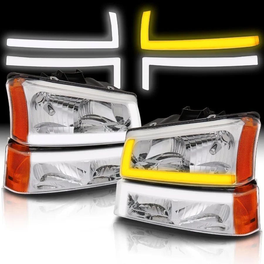 

Headlights Assembly with LED Sequential Signal for 20032006 Chevy Silverado Avalanche 1500 2500 3500 Chrome Housing with Amber