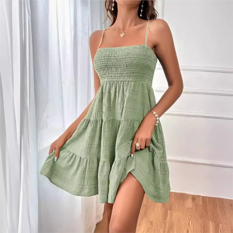 2024 Women's Summer New Leisure Office One line Neck Thin Sling Strap Solid Color Fairy Versatile Tie Texture Dress