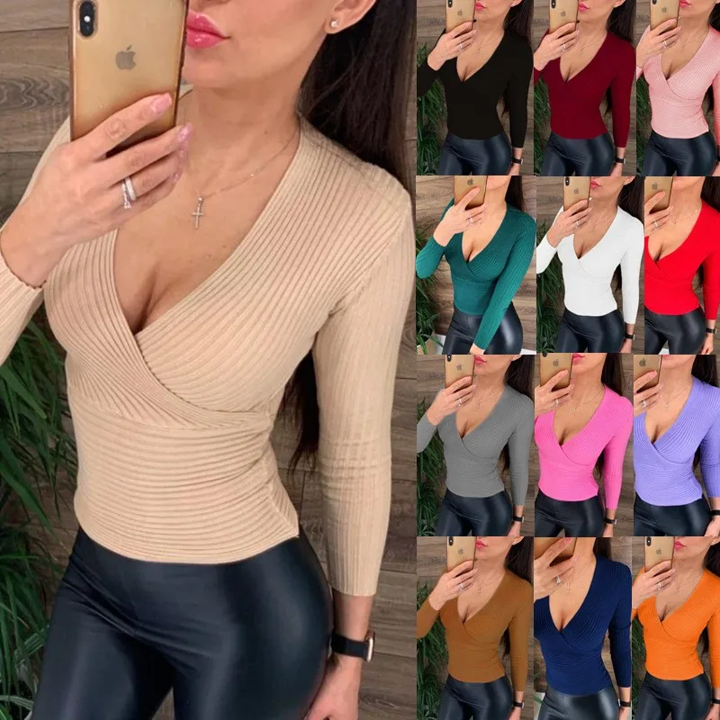V Neck Long Sleeve Top Slim Fit Regular Length Casual with Deep V Neck Pullover Medium Weight Single Spring Bodysuit Women