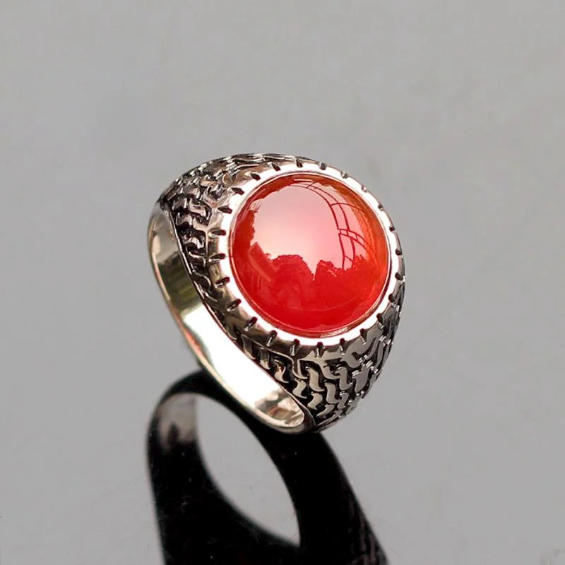 BOCAI S925 Sterling Silver Charms Rings for Women Men Retro Stripe Pattern Inlaid Red Agate New Fashion Punk Jewelry Wholesale