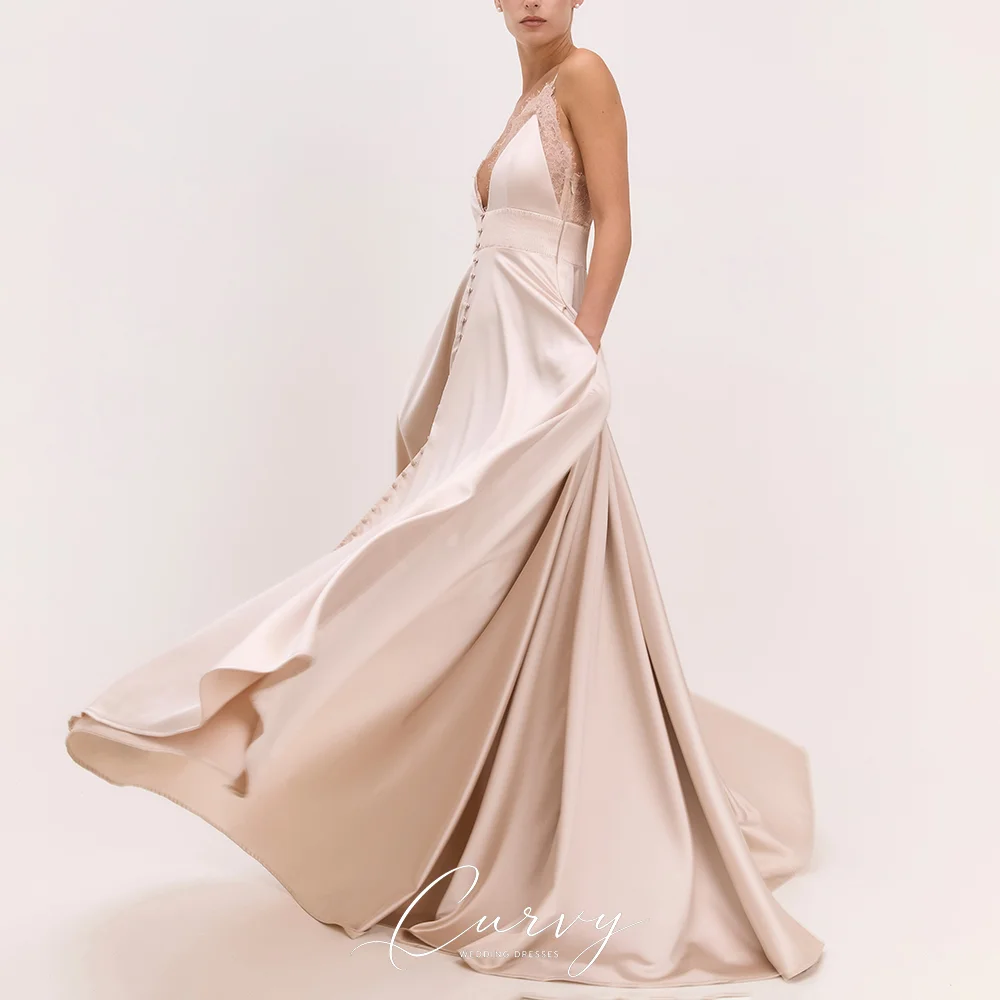 Curvy Romantic Gentle Vestido De Novia Champagne Lace Satin A-Line Wedding Dress 2026 with Buttons & Slit Customized
