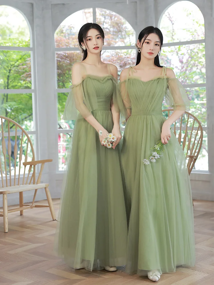 4 Styles Green Bridesmaid Dresses Simple Tulle Off-shoulder Sisters Party Prom Gown Lace Up Wedding Party Ankle-Length Vestidos