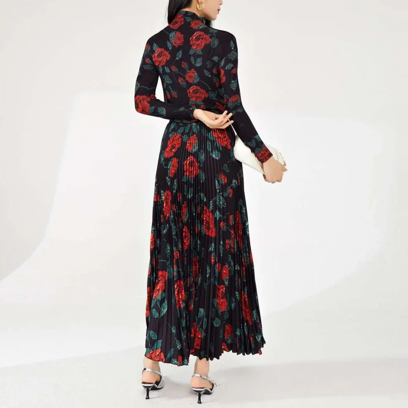 HKSH الخريف جديد المرأة العصرية تنورة زهرة مطبوعة مطوي ألف خط التنانير طويلة الأكمام نصف الياقة المدورة أنيقة شيك تي شيرت HK10603