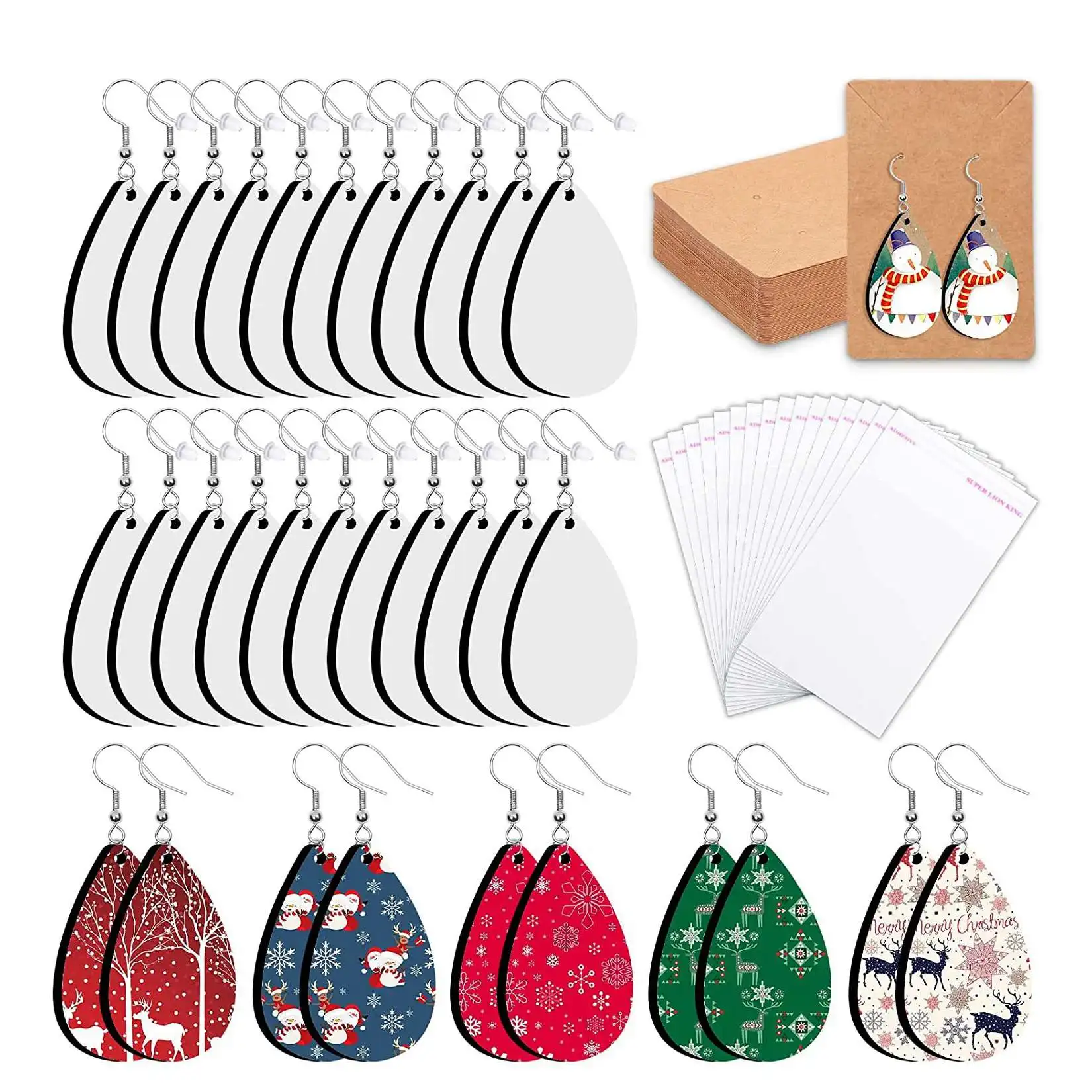 Sublimation Blank Earrings with Earring Hooks Jump Rings Ear Plugs Holder Cards Bags for Jewelry DIY