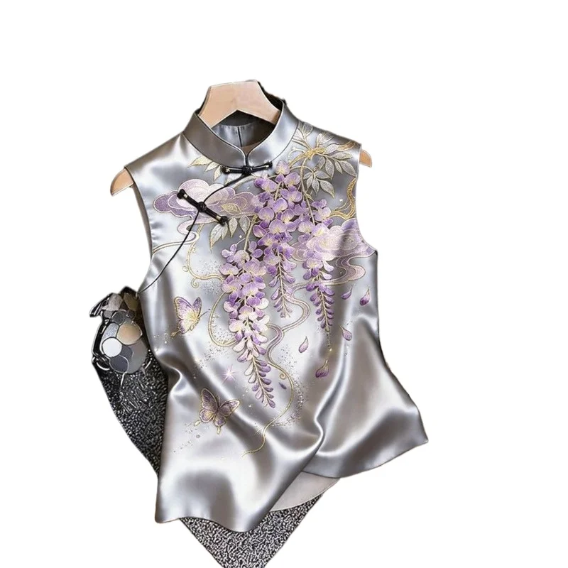Sleeveless Flower Pattern Chinese Top National Style Button Top Retro High-end Tang Women's Top Looks Thin Temperament Commuting