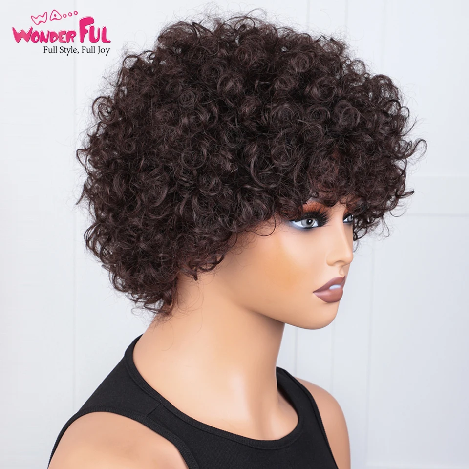 Brown Wonderful Short Brazilian Jerry Curl Human Hair Wig Black Women Kinky Curly Nature Remy Hair Wig full machine made wig
