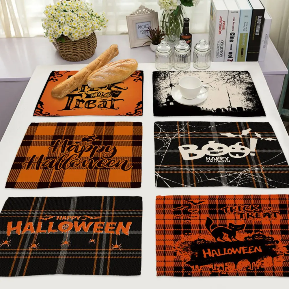 Halloween Placemat Hessian Insulated Table Mat Witch Bat Placemat Ghost Pumpkin Tableware Mat Coaster Kitchen Decoration