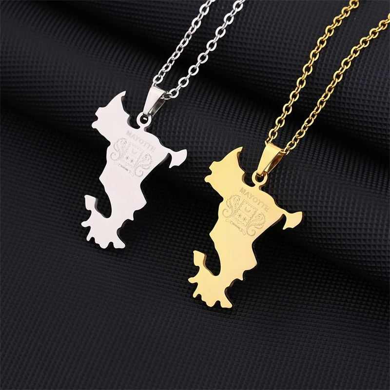 Mayotte Map With Emblem Pendant Neckalces for Women Stainless Steel Gold Silver Color Mahore Jewelry High Quality Patriotic Gift