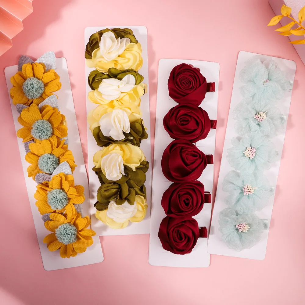 5 pcs/set doce cor sólida pétalas de flores grampos de cabelo para crianças meninas pérola rendas grampos de cabelo barrettes headwear acessórios