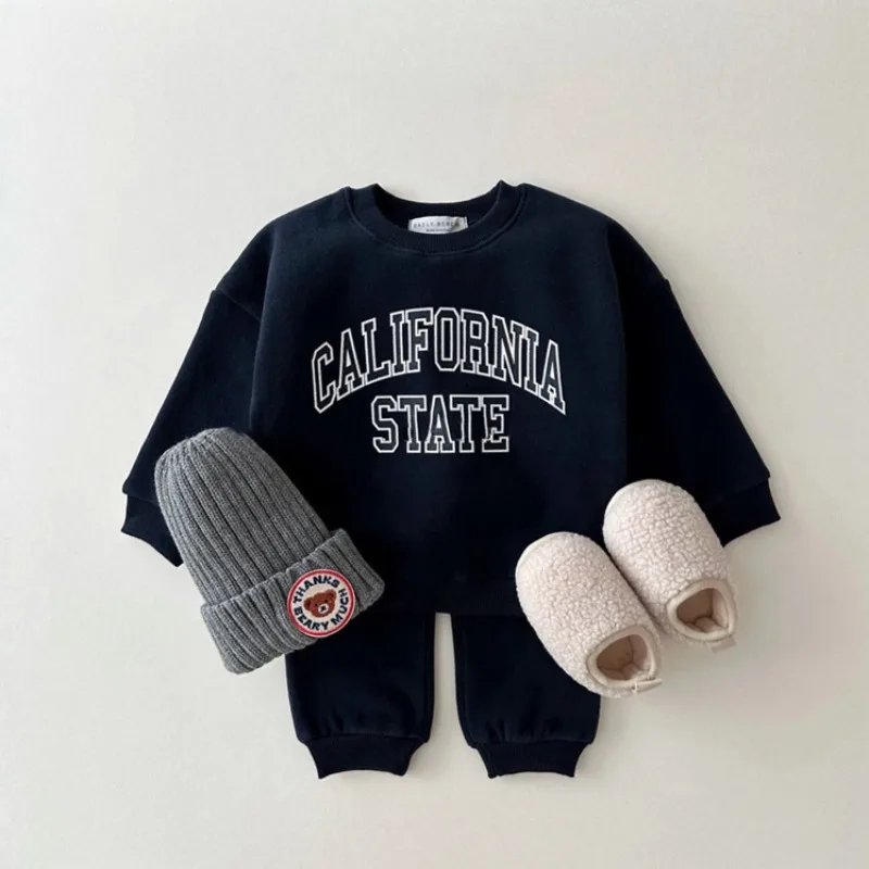 Winter Autumn 2025 New Kids Letter Print Fleece Hoodie + Pants 2-Piece Sets Unisex Thick Warm Tracksuit for Boys Girls 1-7 Years 4