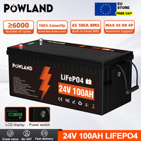 POWLAND 24V 100AH LiFePO4 Lithium Battery Grade A+ 6000 Cycle Times with BMS for RV Golf Cart Solar VAT Free