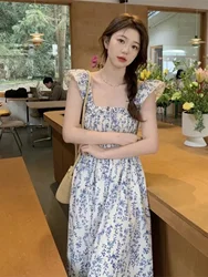 Summer Blue Floral Print Halter Dress Women's Sweet Waist Cinching Strapless Midi Skirt Vacation Style Commute A-Line Gown