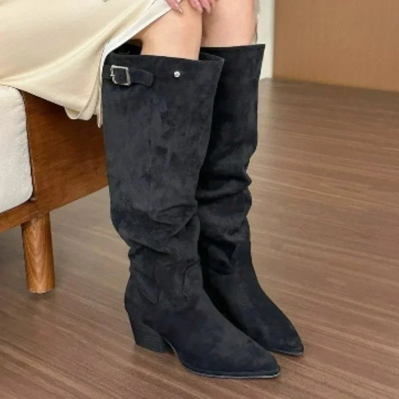 Ladies Shoes 2024 Fashion Sleeve Women's Boots Winter Keep Warm Pointed Toe Suede Solid High Tube Chunky Heels Female Boots