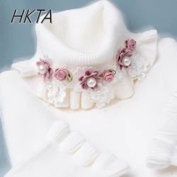Sweet Girls Turtleneck Lace Pullover Knitted Sweater Autumn and Winter Base Lotus Leaf Sleeves Flower Beaded White Sweater Top