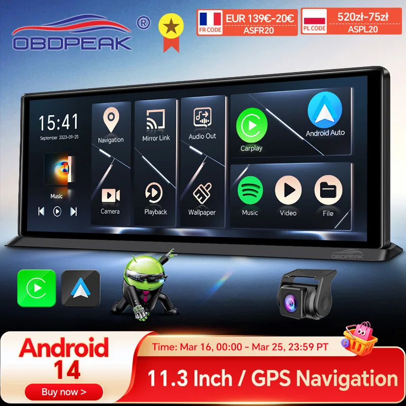 OBDPEAK K60 Pro 11,3 "4G + 64G WIFI Android 14 AI Bildschirm GPS Navigation Carplay Android AUTO 1080P Dash Cam Rückspiegel Video Recorder