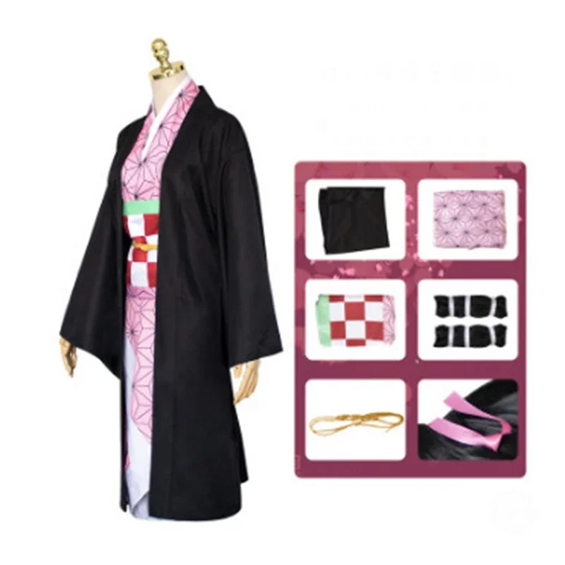 Anime Nezuko Cosplay Kostuum Kimono Devil Jager Kamado Nezuko Kostuum Pruik Womens Meisjes Kimono Uniform Kleding