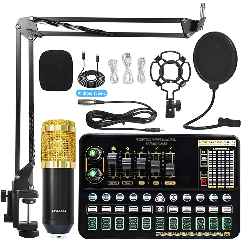 Audio Interface Sound Card&Mixer With BM800 Microphone Set For Computer Karaoke Live Stream Recording