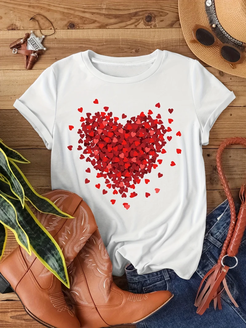 Red Hearts T Shirt Women Valentine's Day Lover T-shirts Casual O-Neck Soft Tops Basics Short Sleeve Tees Free Shopping Clothes