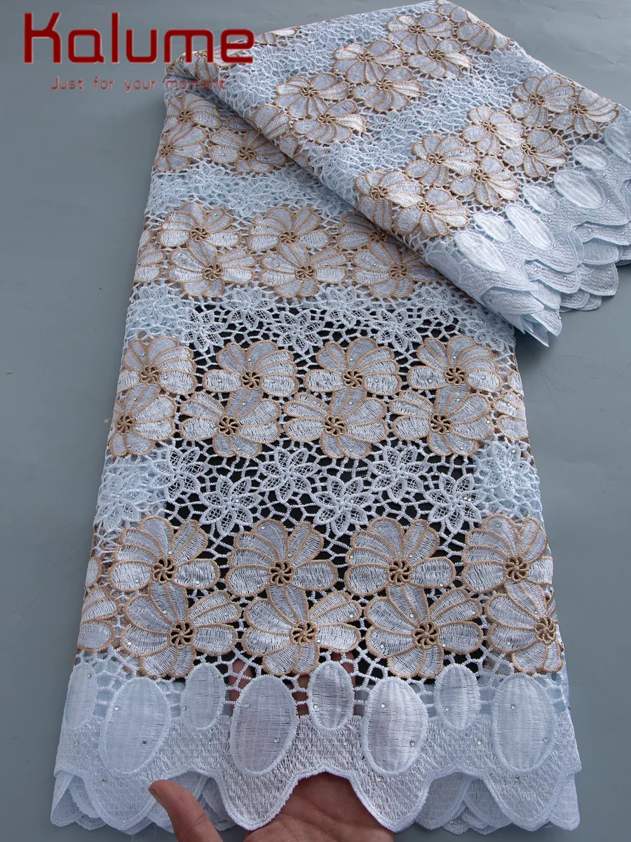 African Guipure Lace Fabric 2025 High Quality Lace 5 Yards Embroidery Nigerian Cord Lace Fabric For Evening Party Dresses F4086