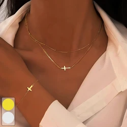 Vintage Gold Color Metal Cross Pendant Necklace Bracelet Jewelry Set for Women Simple Minimalist Match Daily Wear Accessories