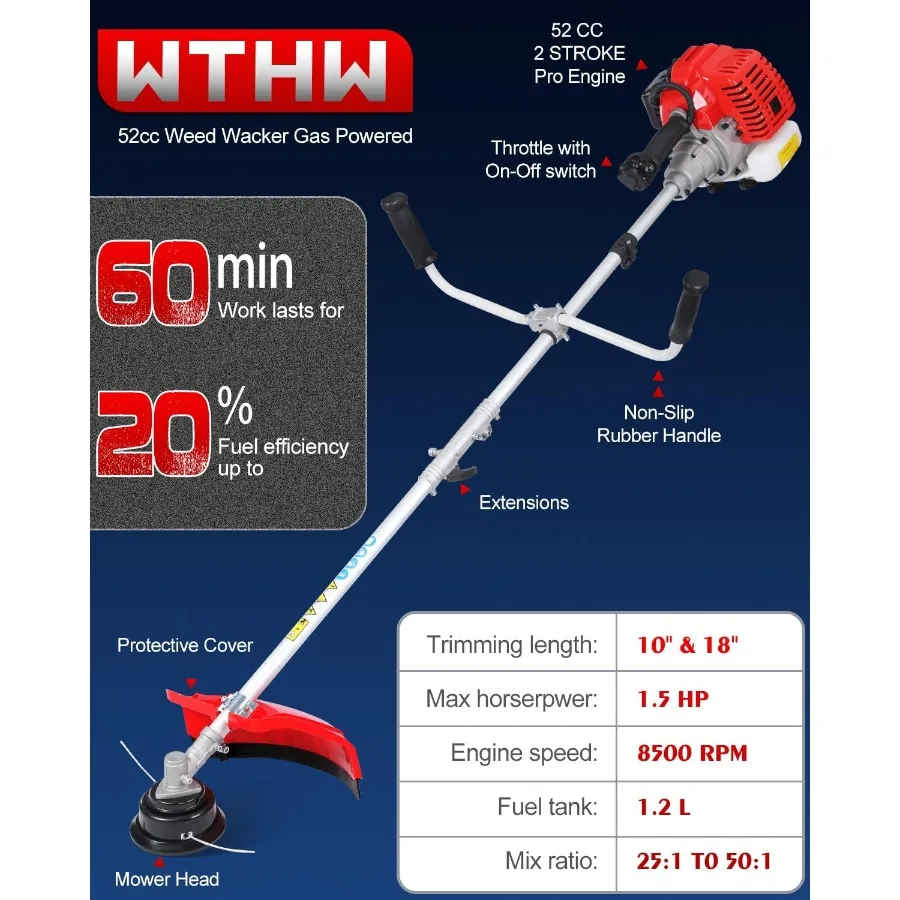 قاطع فرشاة آكل الأعشاب الغاز 3in1 52cc أداة تشذيب سلسلة شديدة التحمل لفرشاة كبيرة الحجم منخفضة الاهتزاز للأعشاب مع Sh قابل للفصل