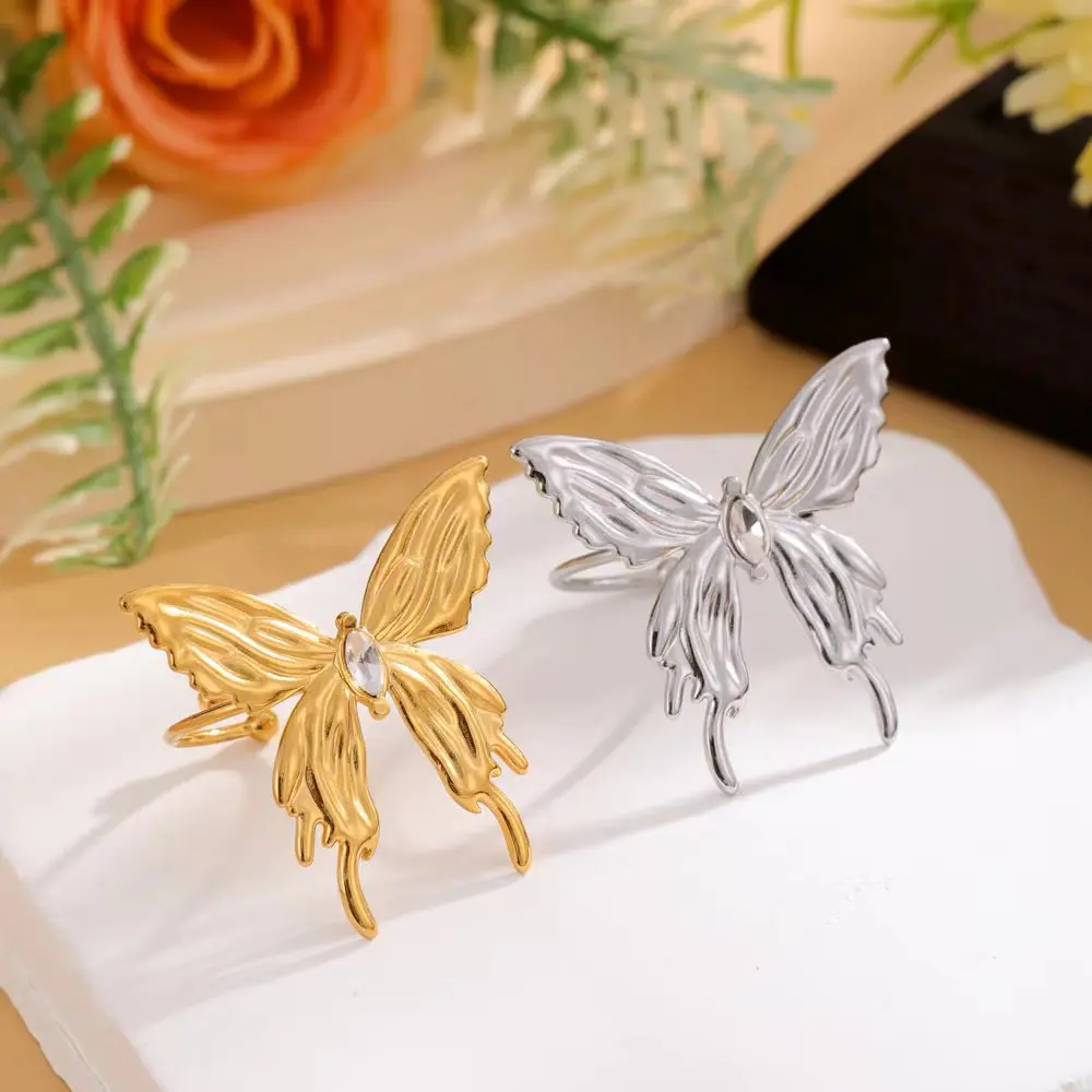 New European and American style luxurious stainless steel butterfly shaped adjustable ring jewelry