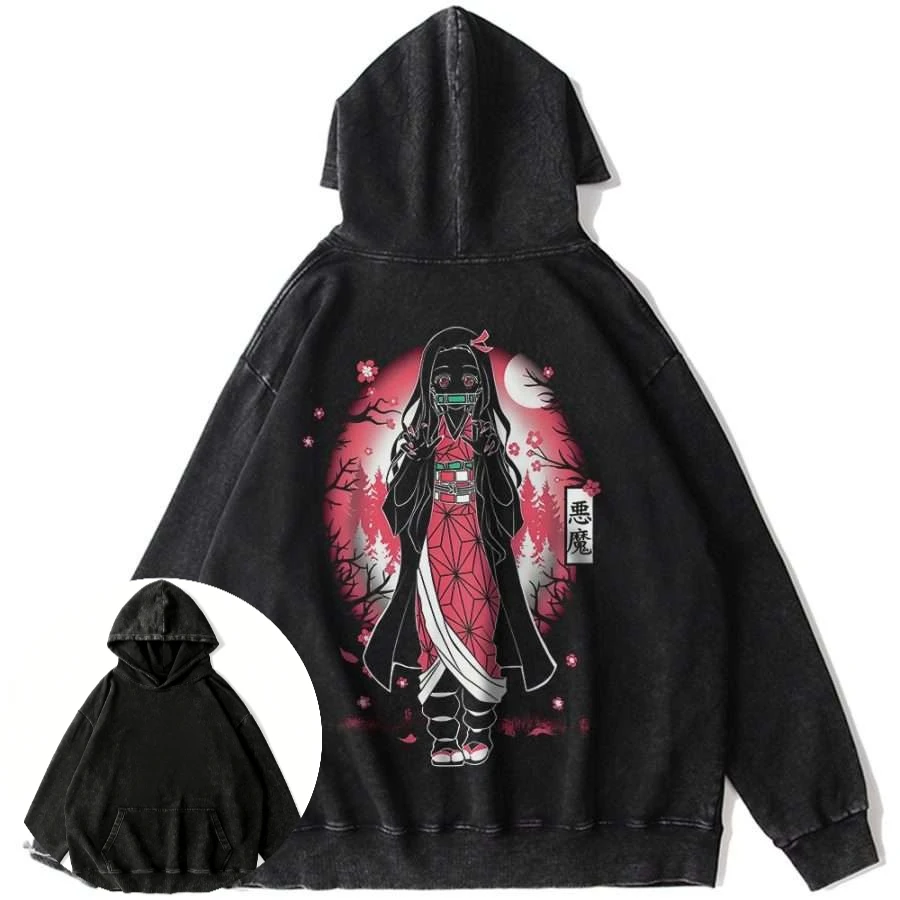 

Men's Vintage Washed Cotton Hoodie Anime Demon Slayer Nezuko Character Graphic with Pink Background Loose Y2K Hip Hop Streetwear
