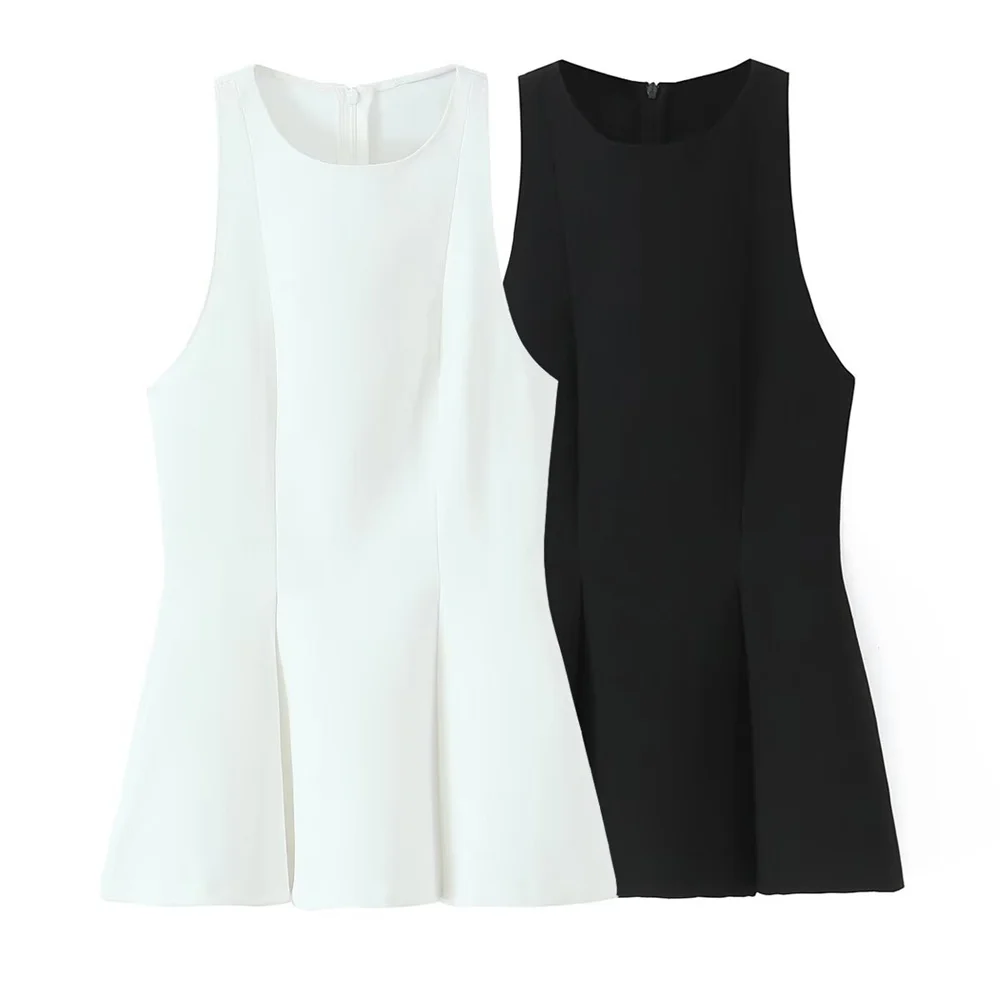 

women's summer new fashion short skirt style hem pleated round neck sleeveless solid color vest top