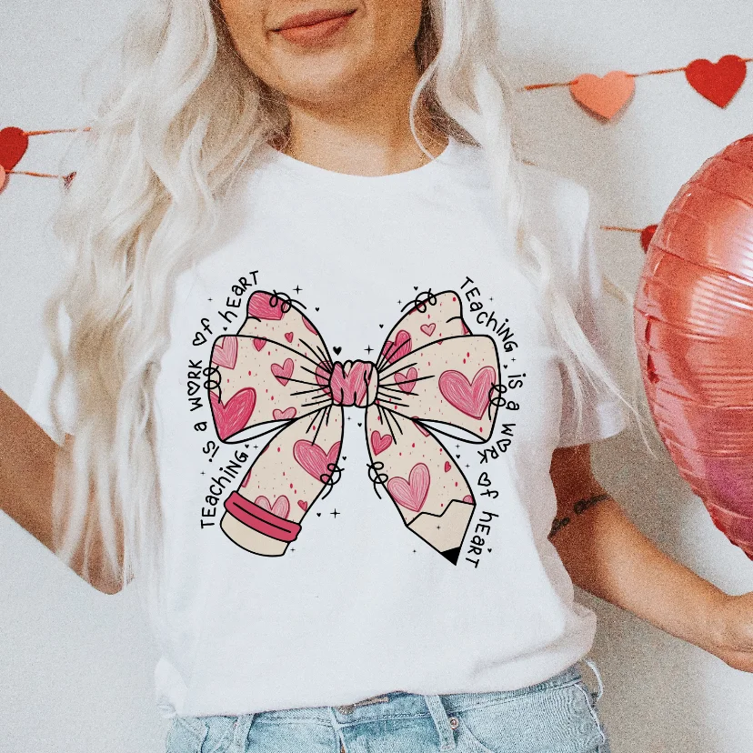 Watercolor Cute Cartoon Women's Valentine's Day T-Shirt Round Neck Basic Top Cartoon Bow Pattern Women's Sweet Regular T-Shirt