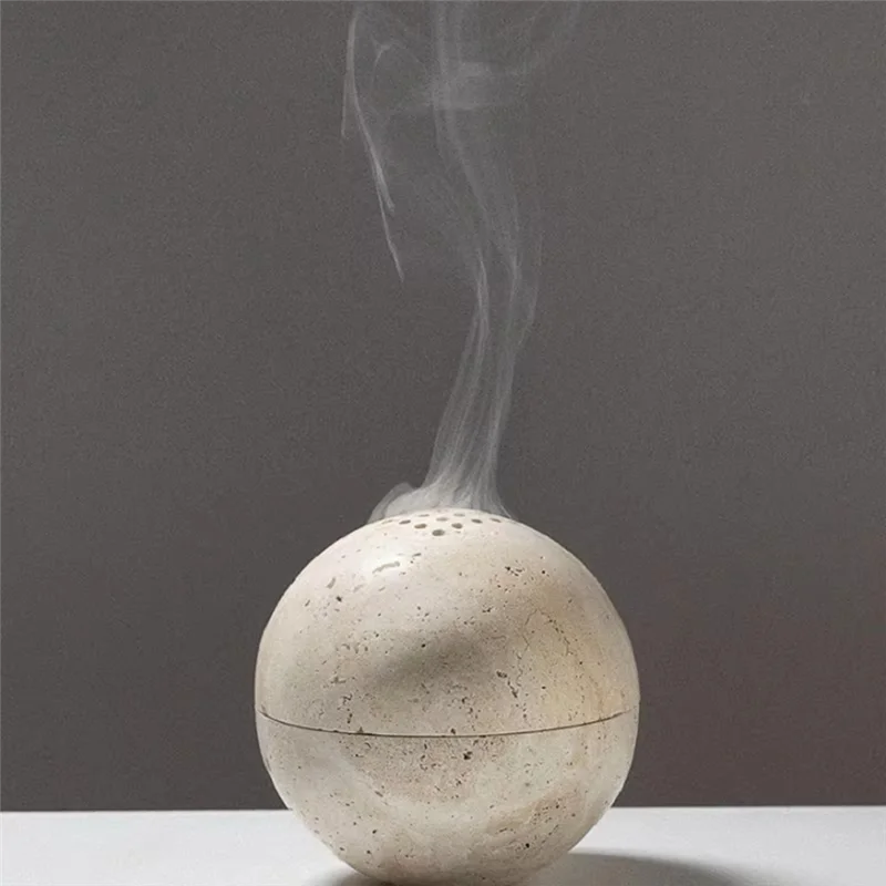AB45 Beige Travertine Sphere Incense Burner Natural Marble Stone Home Decoration, Religious Round Ornament