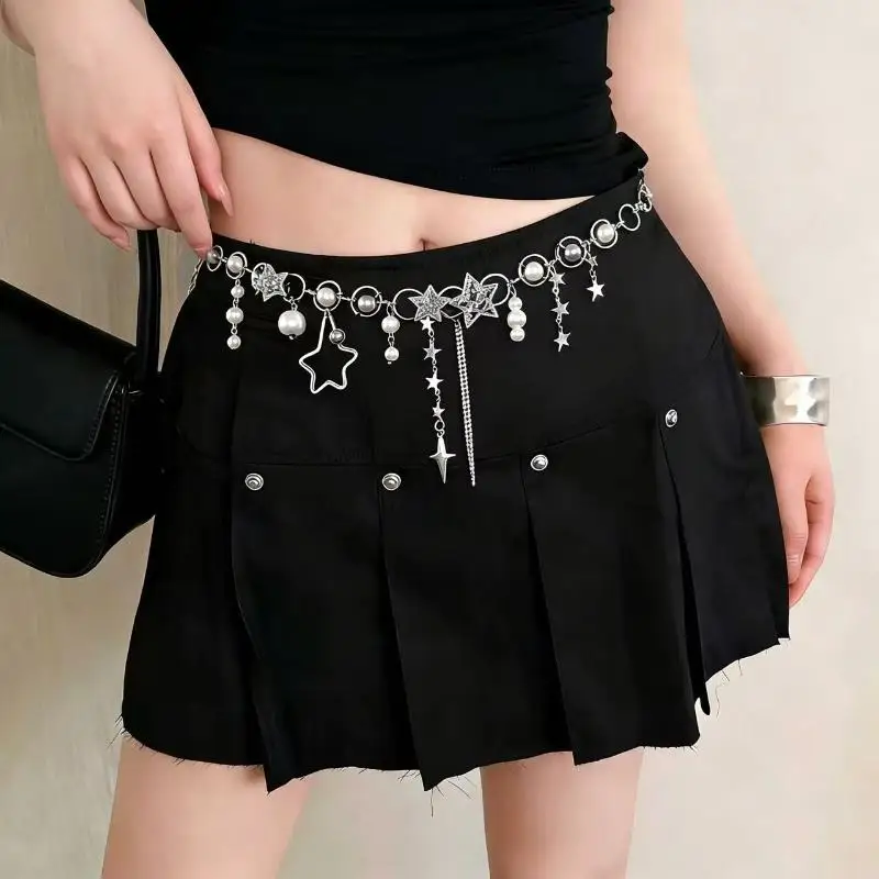 Crystal Pendant Waist Chain For Women Pentagram Rhinestone Pearl Belt Stylish Bling Jewelry For Night Party Dress Up
