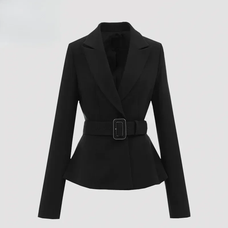 

New High End Fashion Lapel One Button Suit Jacket Women Office Elegant Long Sleeve Coat Slim Waist Belt Shoulder Pad Design Coat